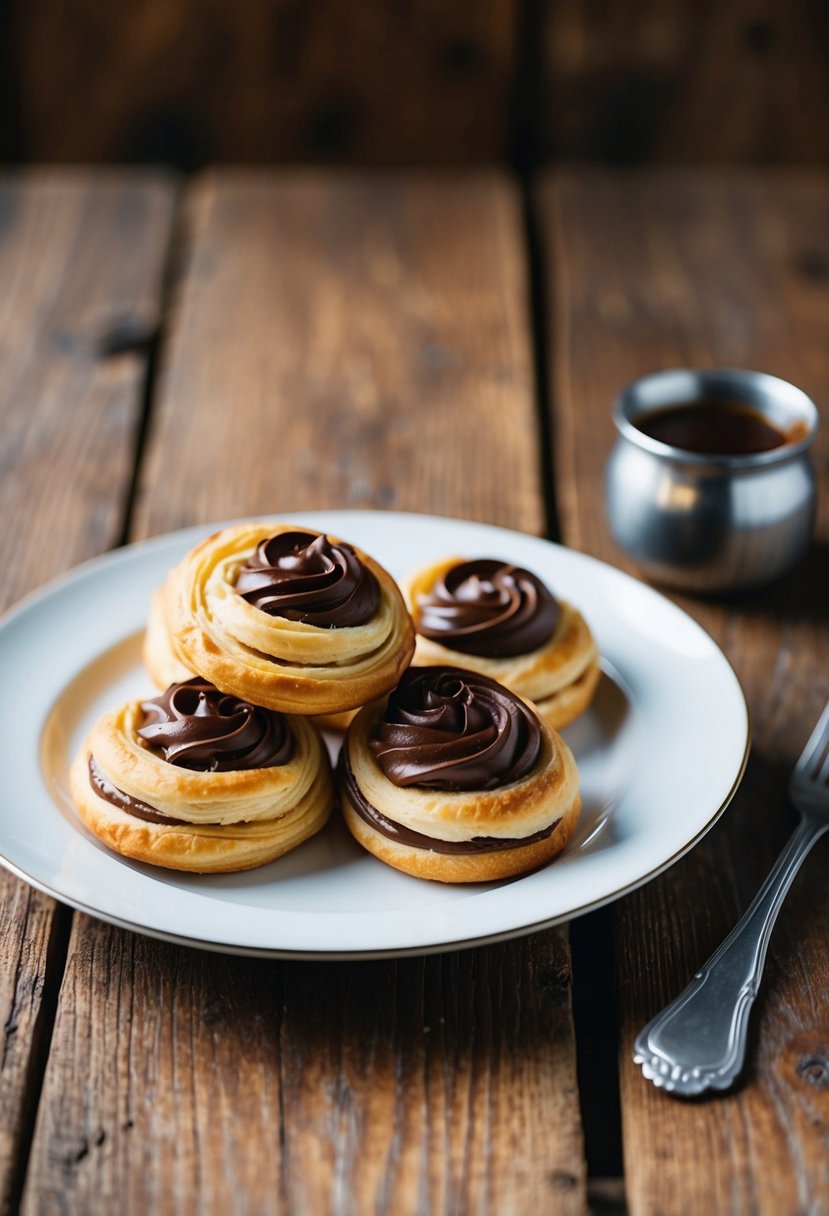 A plate of freshly baked Nutella puff pastry twists on a rustic wooden table