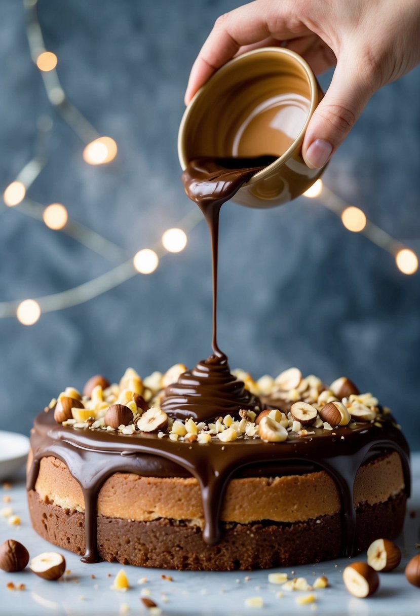 A chocolate hazelnut torte being drizzled with Nutella and garnished with chopped hazelnuts