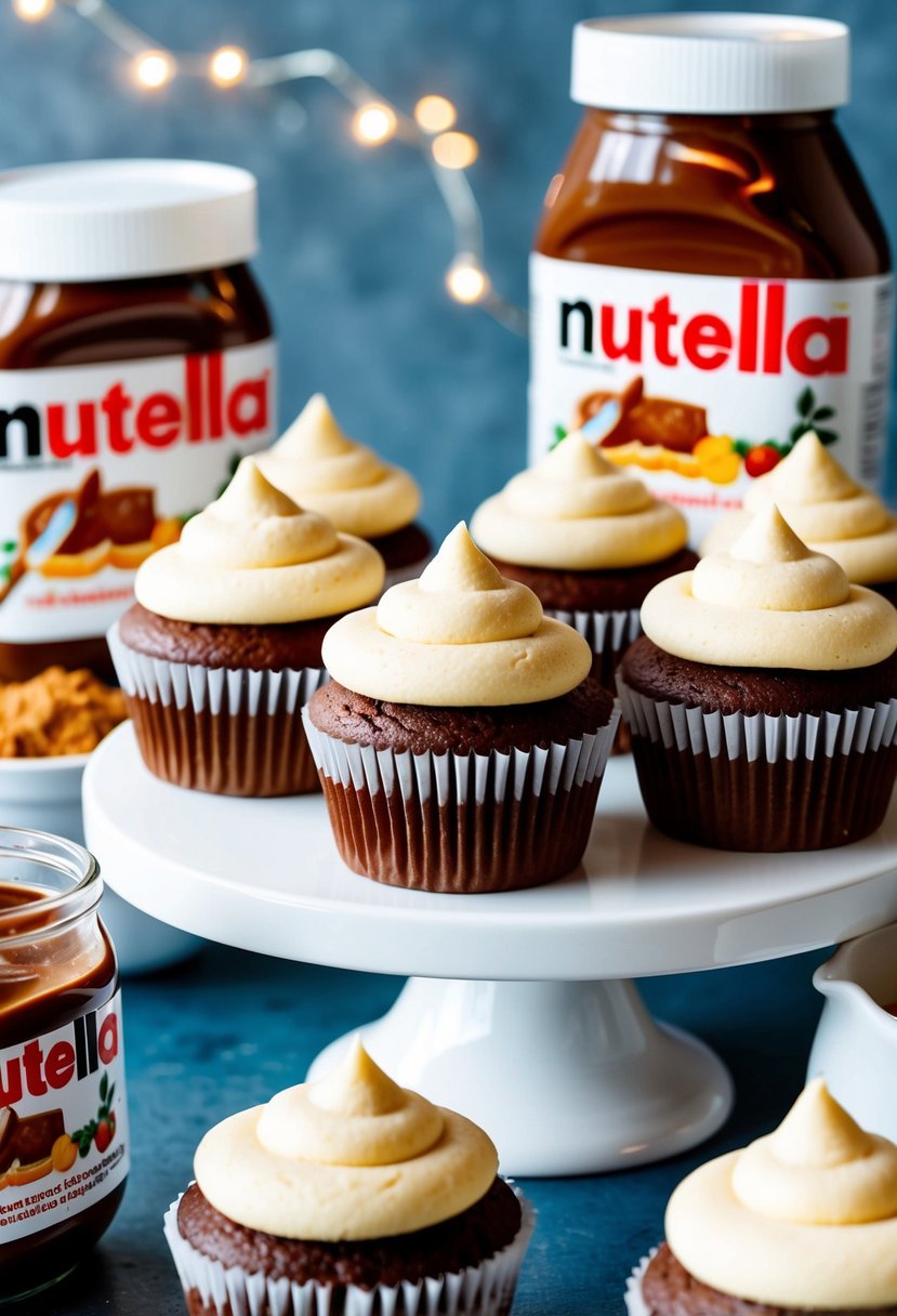 A table filled with freshly baked Nutella cupcakes, surrounded by jars of Nutella and ingredients