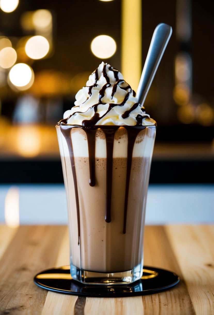 A glass filled with a creamy Nutella coffee shake topped with a dollop of whipped cream and drizzled with chocolate syrup