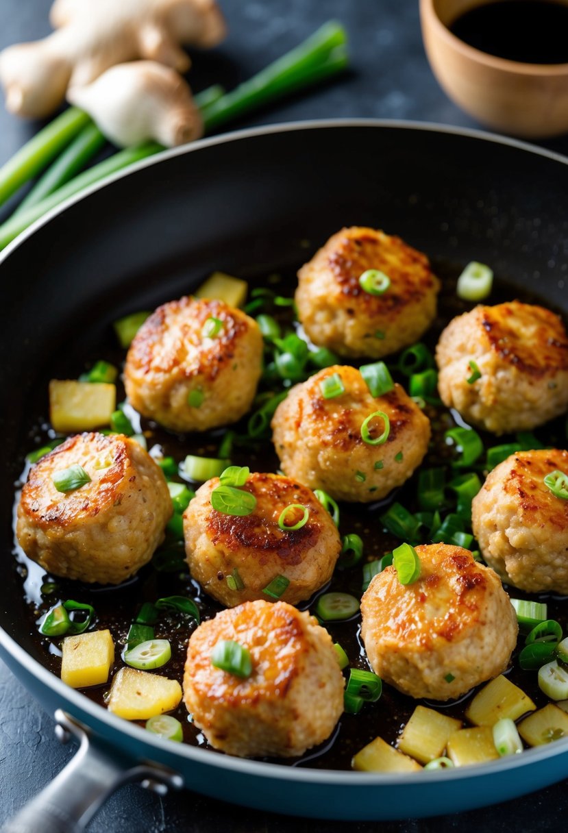 A sizzling pan of Asian-style pork meatballs, surrounded by vibrant ingredients like ginger, garlic, and green onions, with a hint of soy sauce in the air