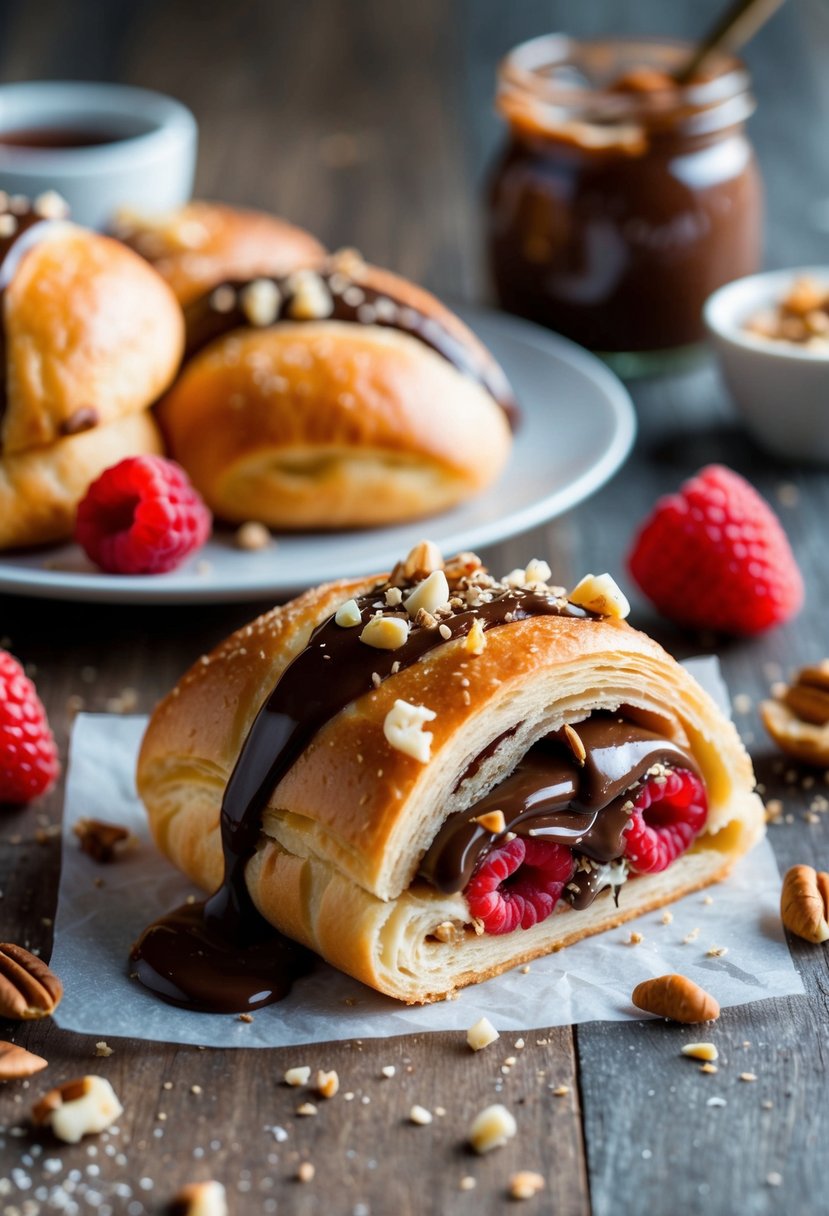 A flaky pain au chocolat filled with raspberry and Nutella, drizzled with melted Nutella and sprinkled with chopped nuts