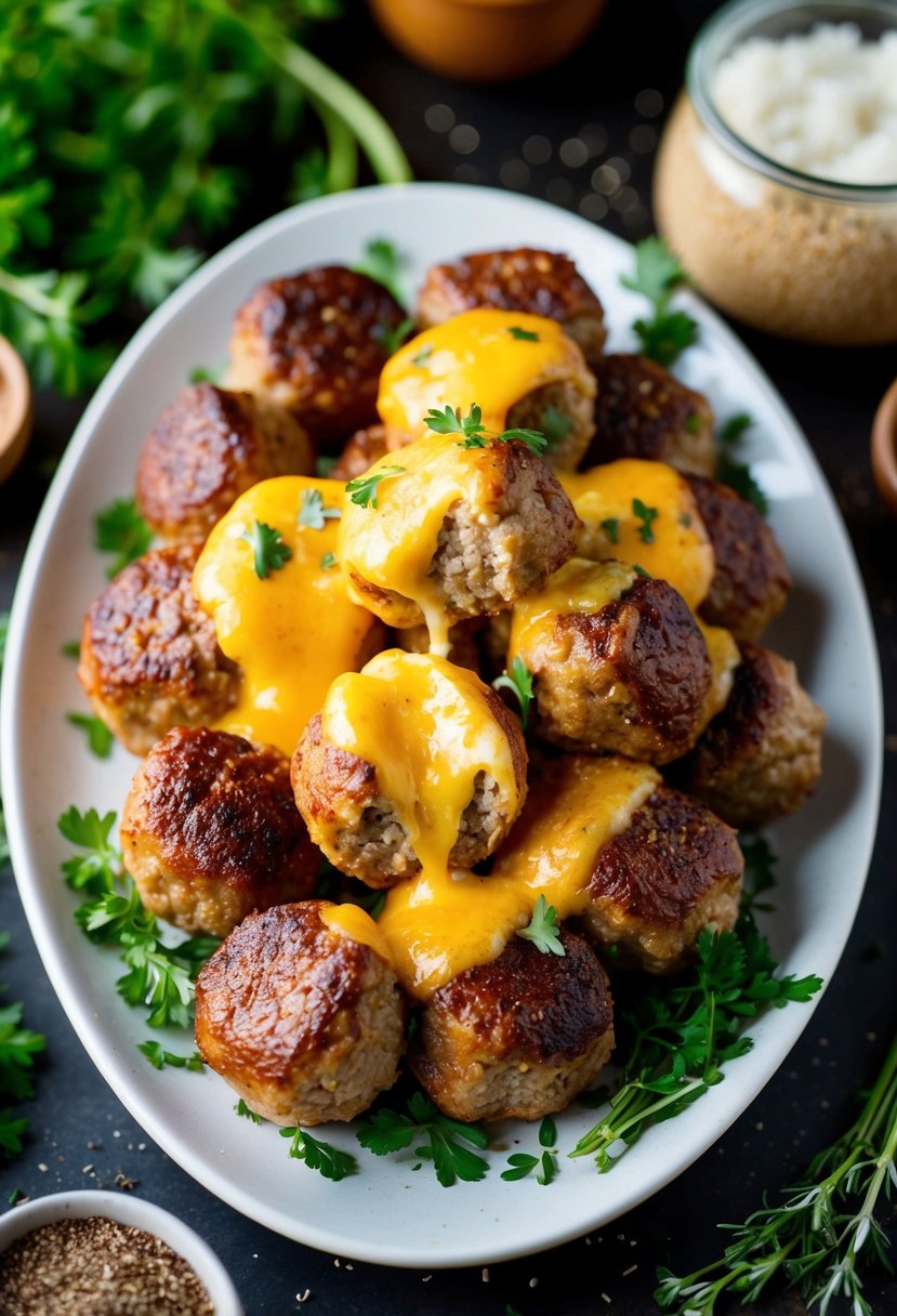 A platter of sizzling, golden-brown meatballs oozing with melted cheese, surrounded by fresh herbs and spices