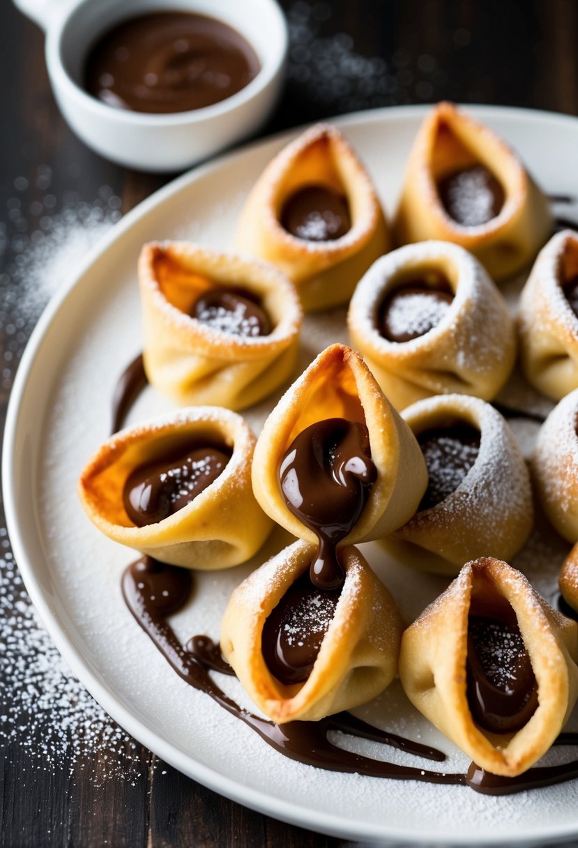 A plate of golden-brown wontons filled with oozing Nutella, surrounded by a drizzle of chocolate and a dusting of powdered sugar