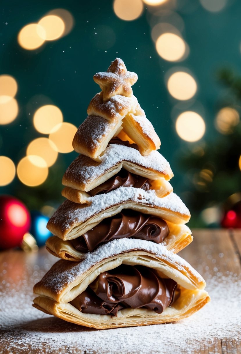 A festive Christmas tree-shaped puff pastry, filled with Nutella and dusted with powdered sugar