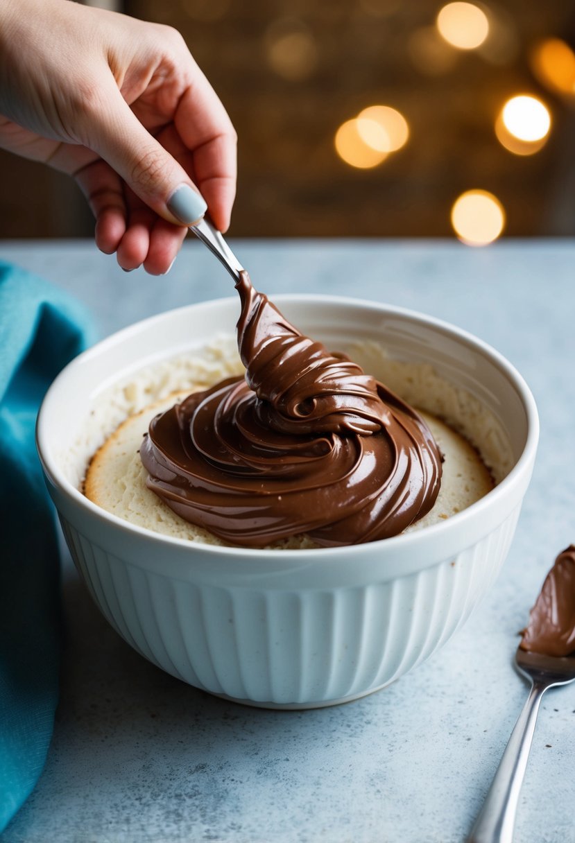 A bowl of Nutella frosting being spread onto a freshly baked cake