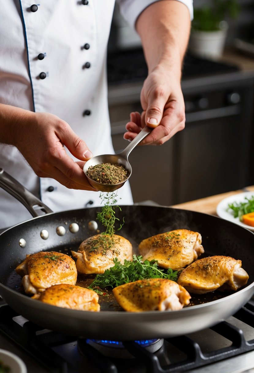 A chef prepares boneless chicken with herbs and spices in a sizzling skillet