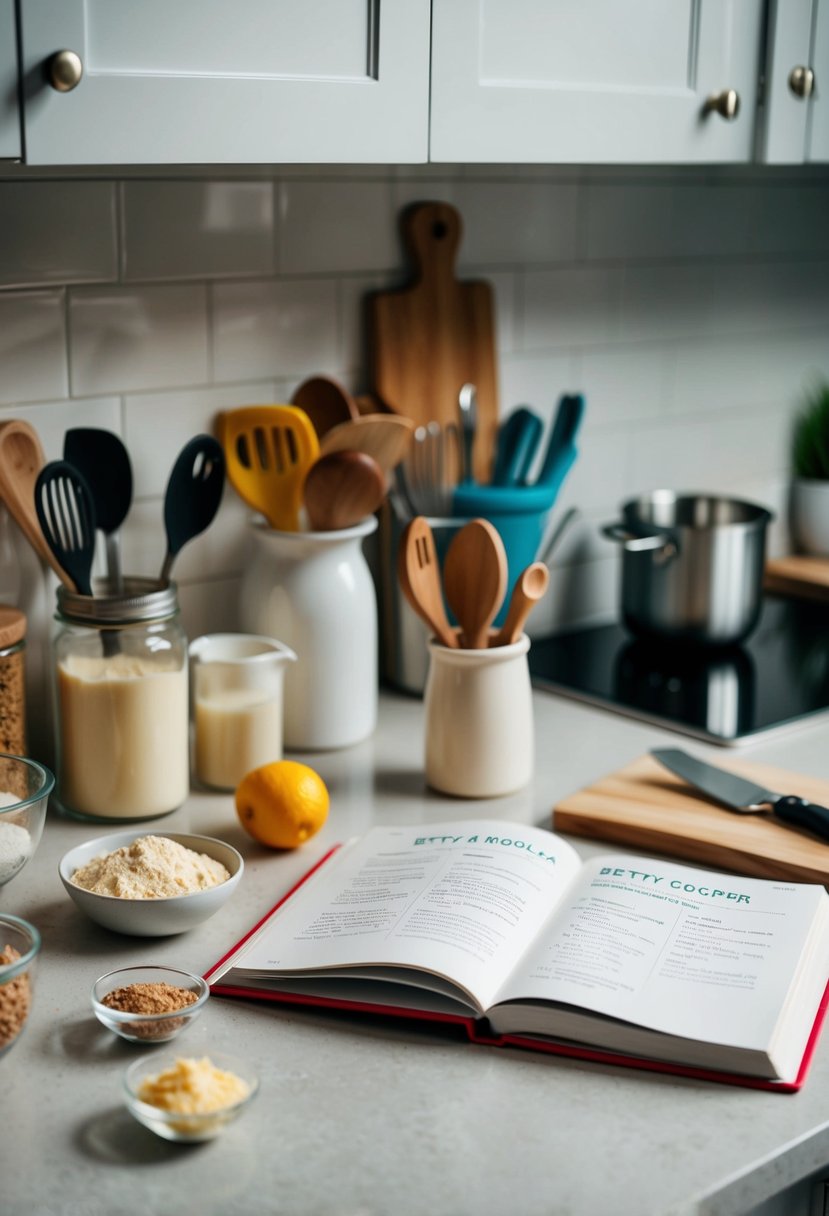 A kitchen counter with baking ingredients, utensils, and a cookbook open to a Betty Crocker recipe page