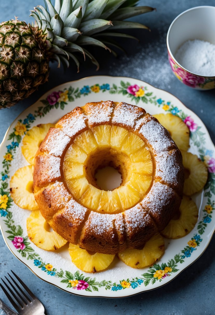 A golden-brown pineapple upside-down cake sits on a vintage floral-patterned plate, surrounded by fresh pineapple slices and a dusting of powdered sugar