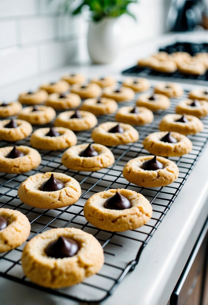 A kitchen counter with a batch of freshly baked thumbprint cookies cooling on a wire rack