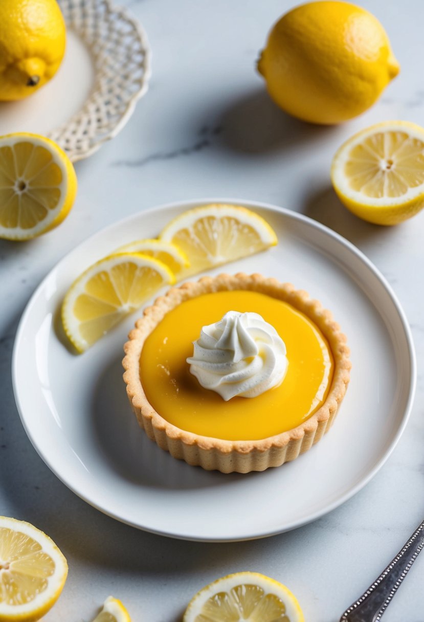 A lemon curd tart sits on a white plate, surrounded by fresh lemon slices and a dollop of whipped cream