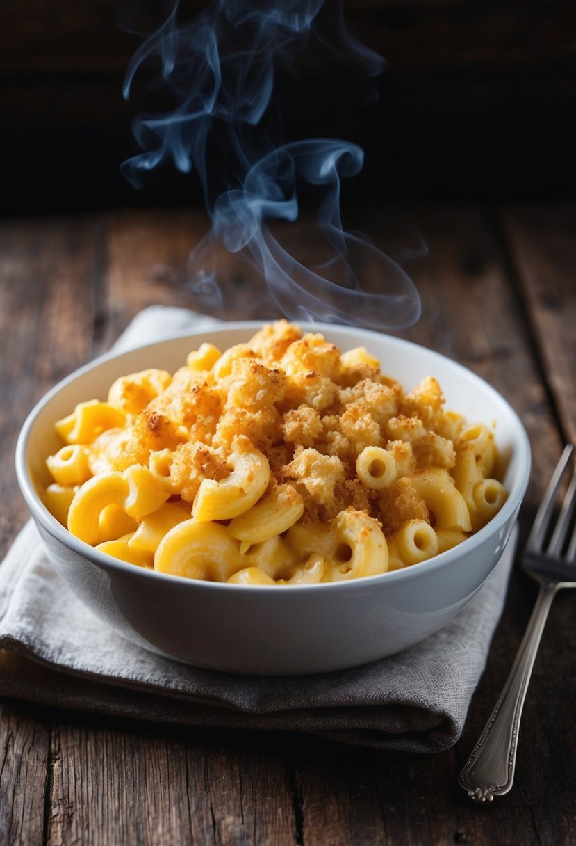 A steaming dish of creamy macaroni and cheese, topped with golden breadcrumbs, sits on a rustic wooden table