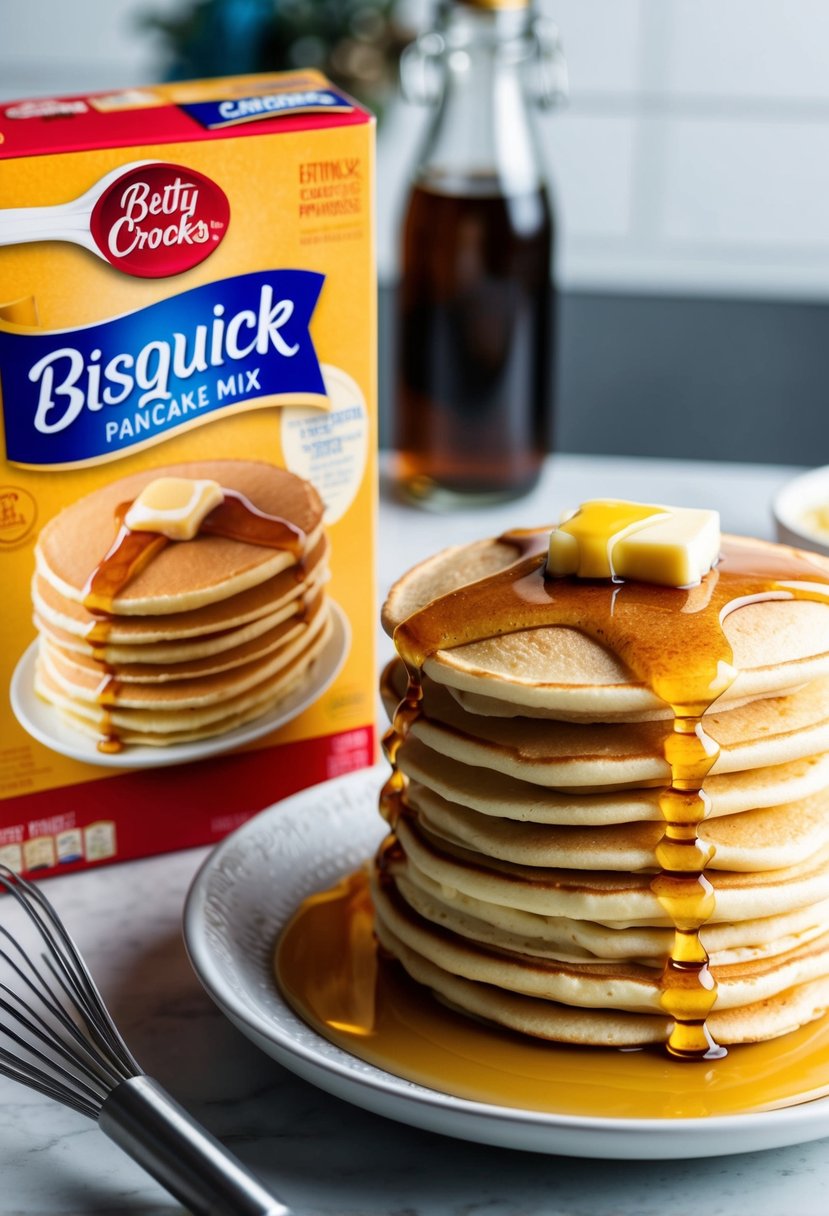 A stack of golden Bisquick pancakes topped with syrup and butter, next to a box of Betty Crocker pancake mix and a whisk