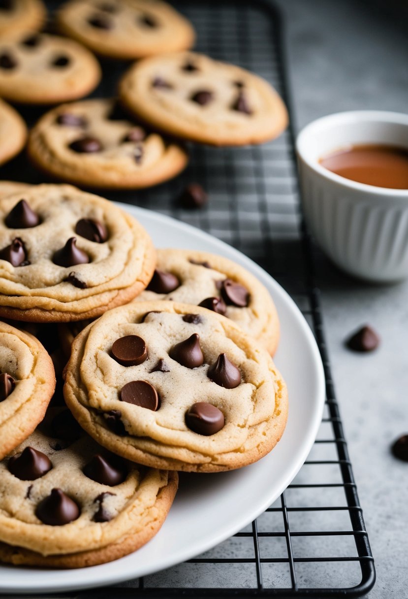 A plate of freshly baked chocolate chip cookies cooling on a wire rack