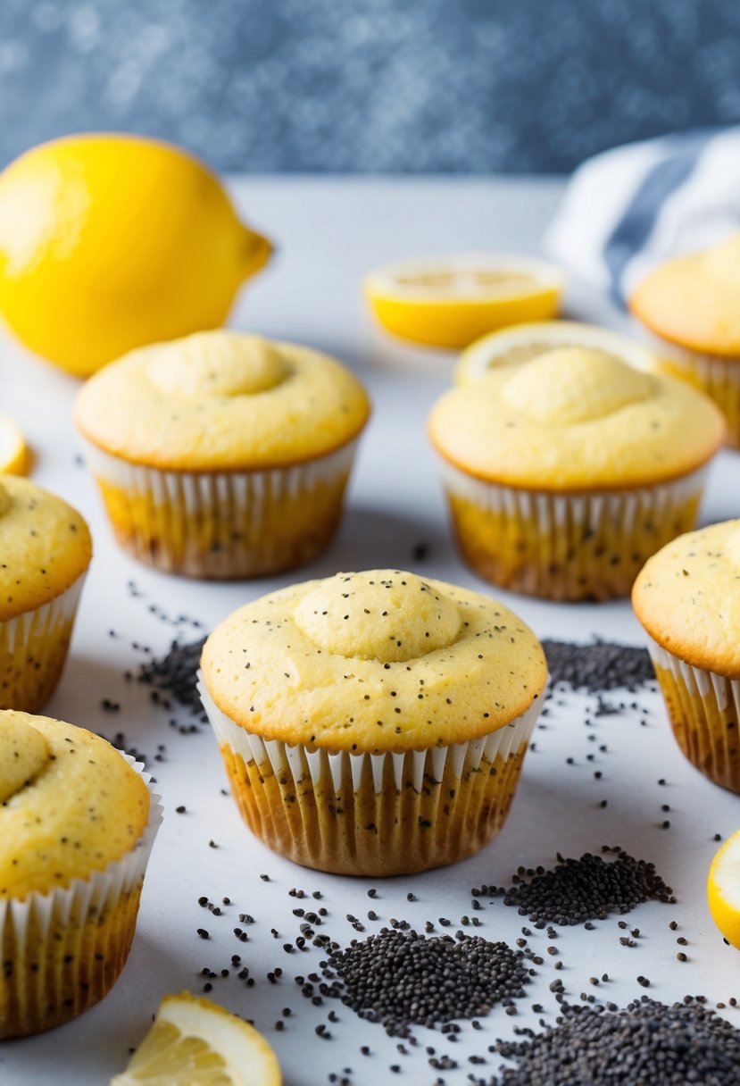 A table set with freshly baked Lemon Poppy Seed Muffins, surrounded by scattered poppy seeds and lemon slices