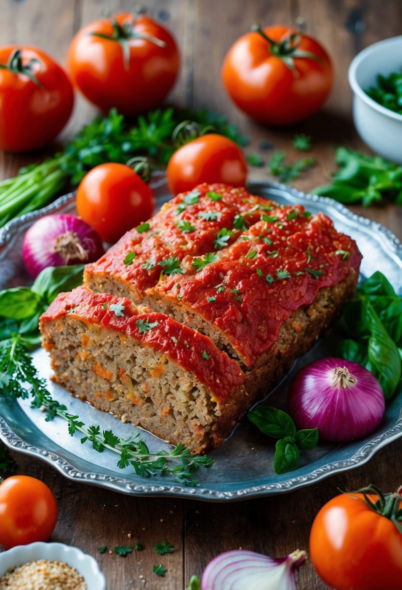 A mouth-watering meatloaf sits on a vintage platter, surrounded by vibrant, fresh ingredients like tomatoes, onions, and herbs