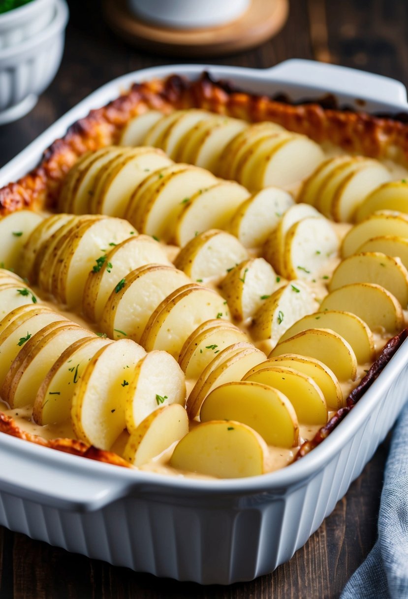 A baking dish filled with layers of thinly sliced potatoes, creamy sauce, and a golden-brown crust