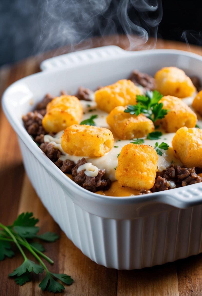 A steaming casserole dish filled with layers of ground beef, melted cheese, and golden brown tater tots, topped with a sprinkle of fresh parsley