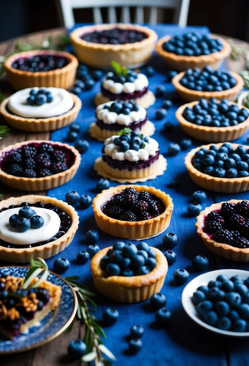 A table filled with various blueberry desserts, from pies to tarts, surrounded by fresh blueberries and decorative garnishes