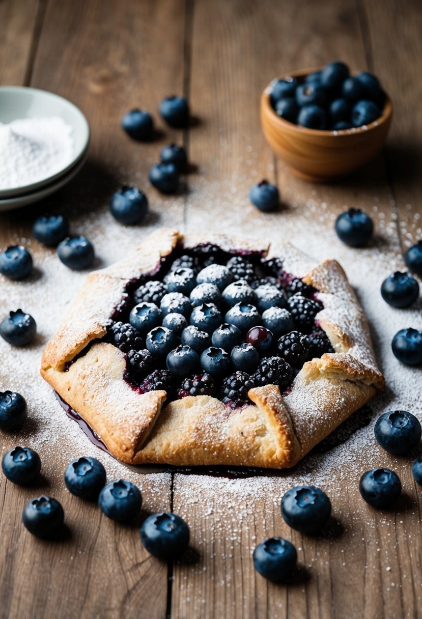 A rustic blueberry galette sits on a wooden table, surrounded by fresh blueberries and a dusting of powdered sugar