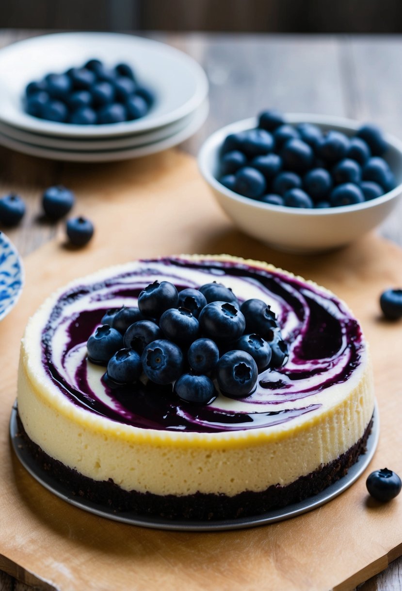 A luscious blueberry swirl cheesecake sits on a graham cracker crust, topped with a vibrant blueberry compote and fresh blueberries