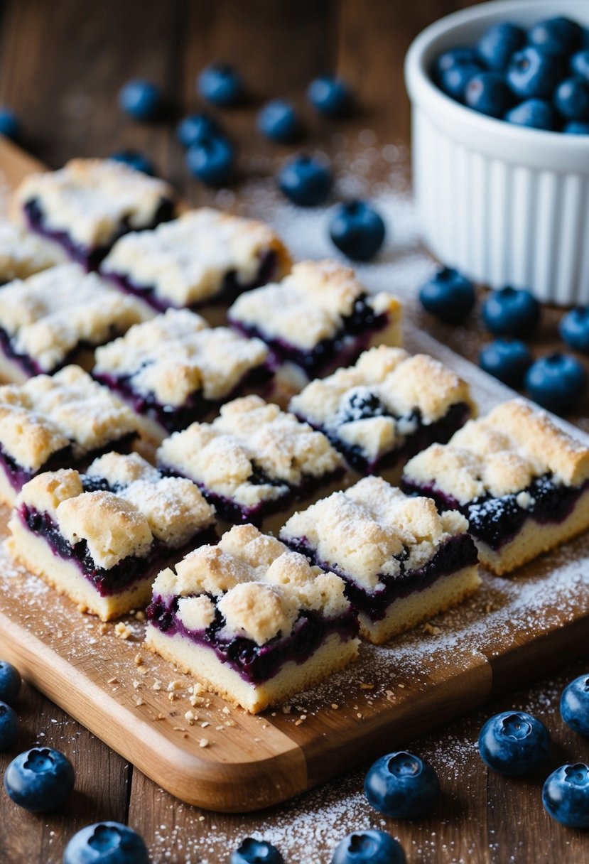 A rustic kitchen with a wooden countertop covered in freshly baked blueberry crumb bars, surrounded by scattered blueberries and a dusting of powdered sugar