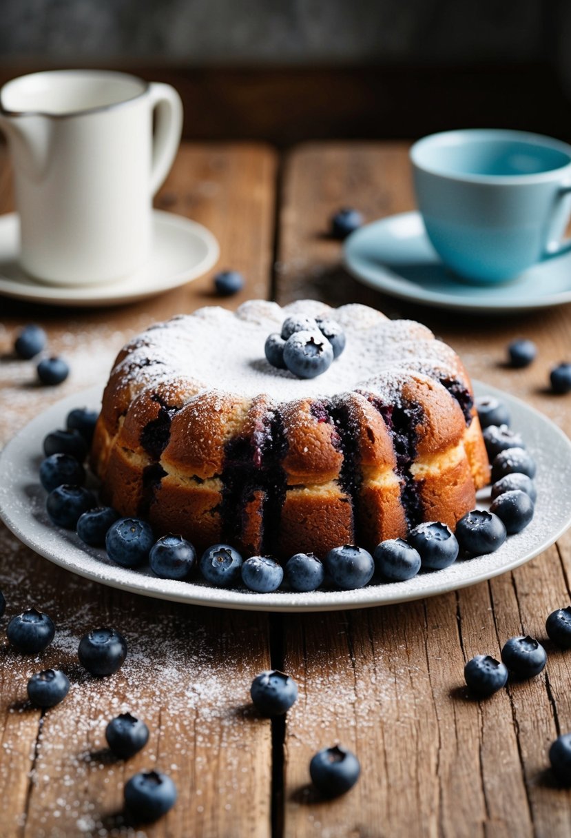 A rustic kitchen table with a freshly baked blueberry breakfast cake surrounded by scattered blueberries and a dusting of powdered sugar