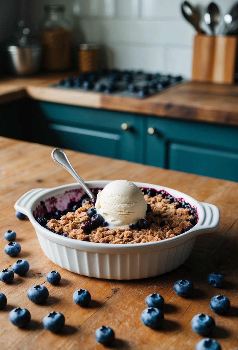 A rustic kitchen counter with a freshly baked blueberry crisp in a ceramic dish, surrounded by scattered blueberries and a scoop of vanilla ice cream