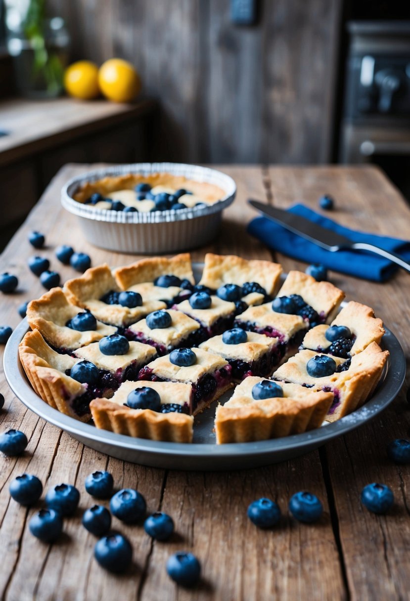 A rustic kitchen with a wooden table holding a tray of freshly baked blueberry pie bars, surrounded by scattered blueberries and a vintage pie tin