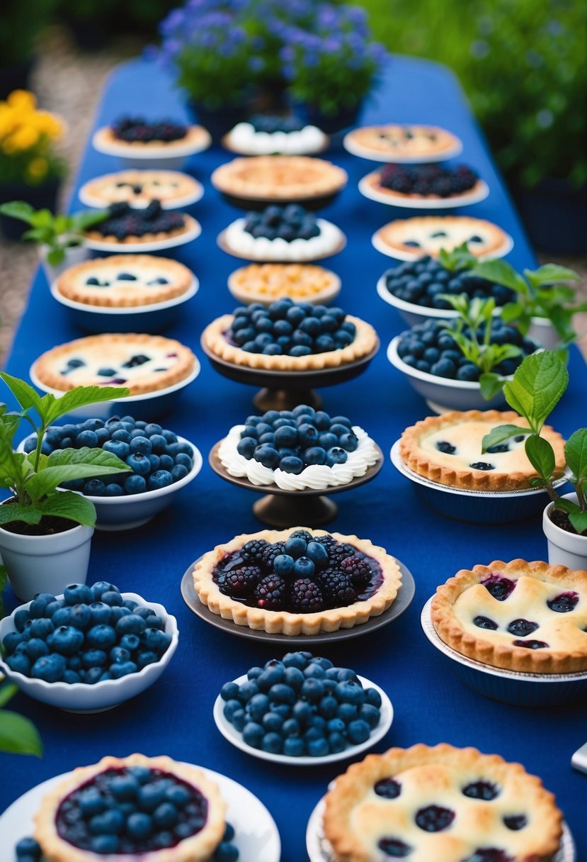 A table covered in a variety of blueberry desserts, from pies to tarts, surrounded by fresh blueberries and vibrant blueberry plants