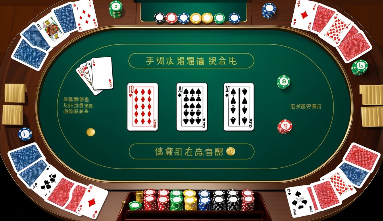 一張擺放著撲克牌和遊戲棋子的桌子，準備在台灣的線上娛樂賭場進行一場策略遊戲