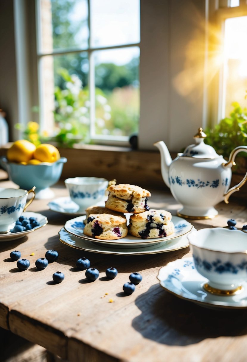 A rustic kitchen table set with freshly baked blueberry scones, a scattering of blueberries, and a vintage tea set. Sunlight streams through a nearby window, casting a warm glow over the scene