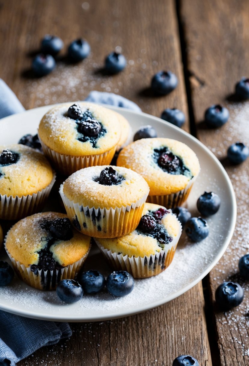 A plate of freshly baked blueberry muffins sits on a rustic wooden table, surrounded by scattered blueberries and a dusting of powdered sugar