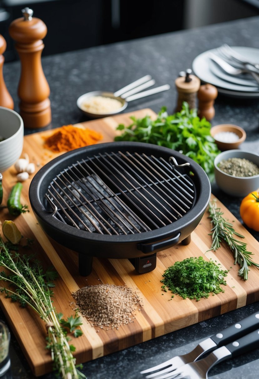 A wooden cutting board with various herbs, spices, and a blackstone grill surrounded by cooking utensils