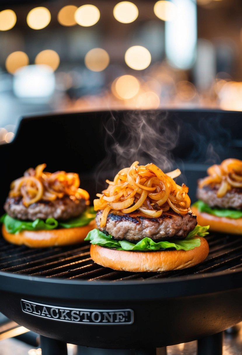 A sizzling blackstone grill cooks juicy smash burgers topped with caramelized onions