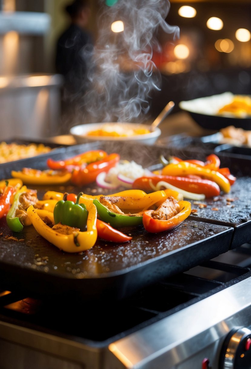 Sizzling fajitas cooking on a hot griddle, with colorful peppers and onions steaming and the aroma of Tex-Mex spices filling the air