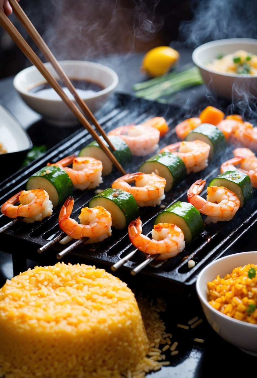 A sizzling hibachi grill with shrimp and vegetables cooking alongside a mound of fried rice, surrounded by the aroma of soy sauce and garlic