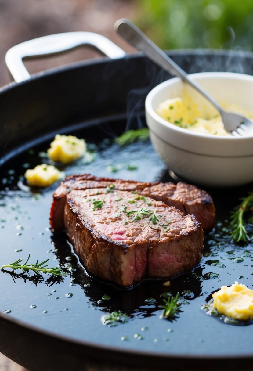 A sizzling steak bites on a hot blackstone grill, surrounded by sizzling garlic butter and herbs