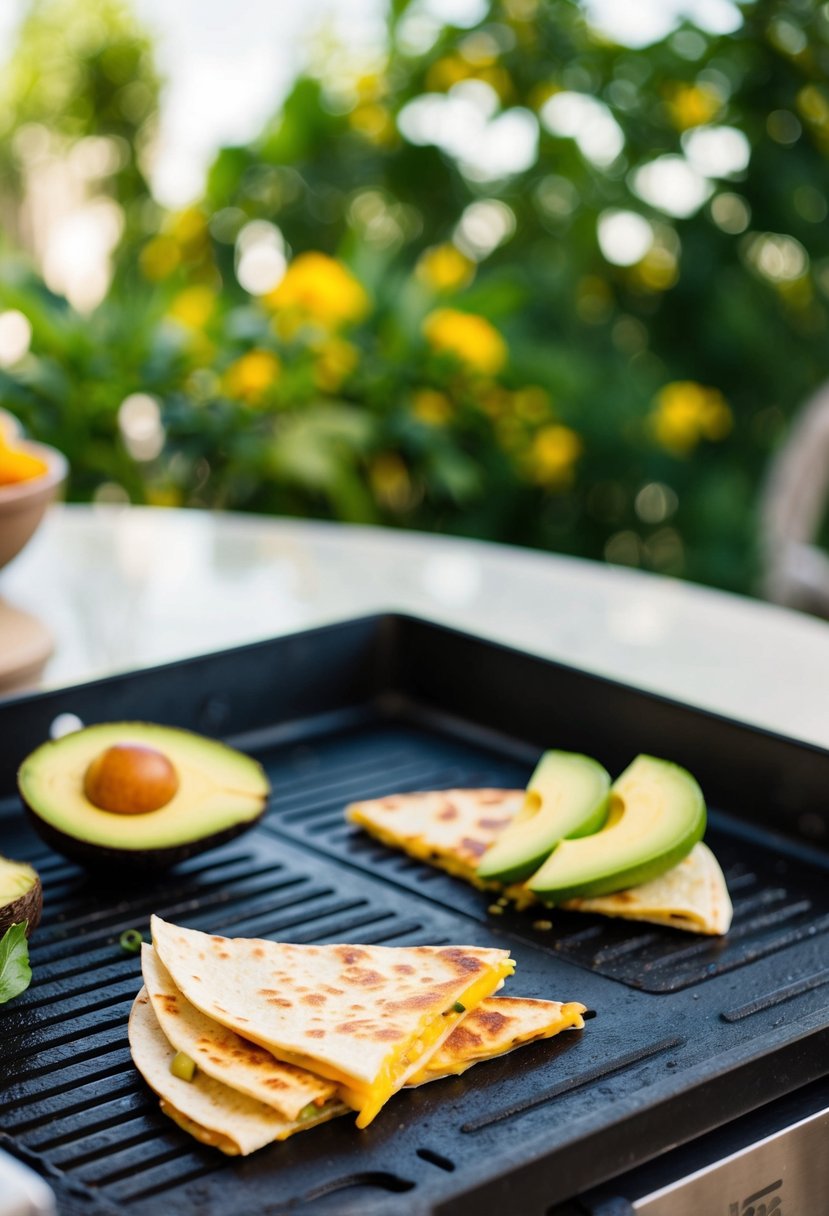 A sizzling blackstone griddle with breakfast quesadillas and sliced avocado