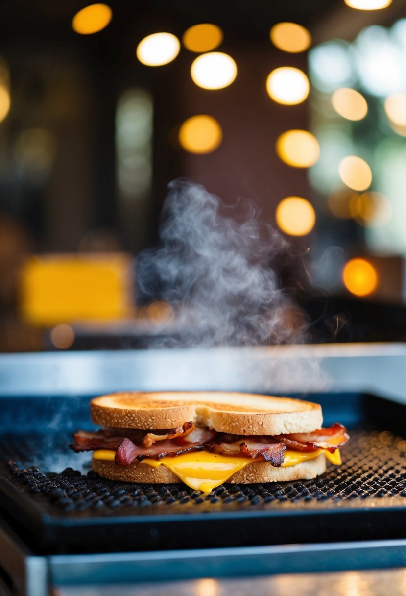 A sizzling bacon and cheese sandwich cooks on a hot griddle, emitting savory aromas