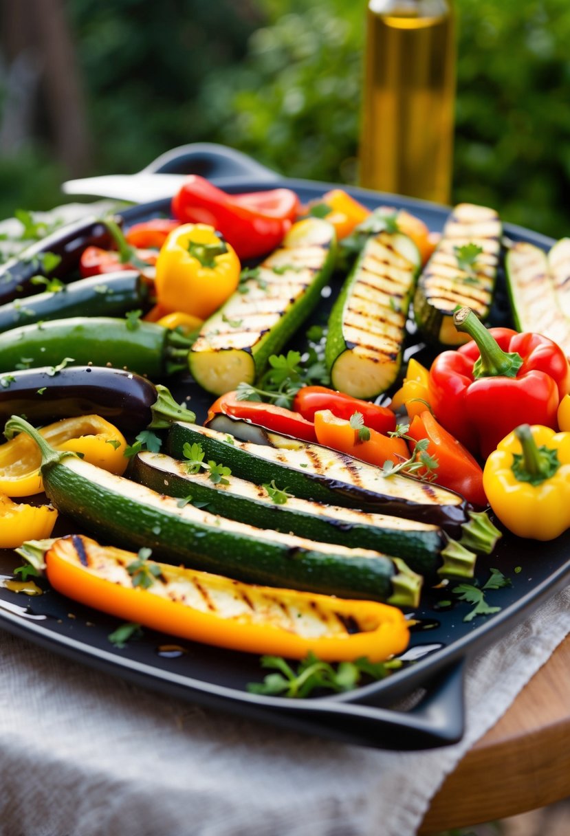 A colorful assortment of grilled vegetables, including zucchini, bell peppers, and eggplant, arranged on a platter with a drizzle of olive oil and sprinkling of fresh herbs