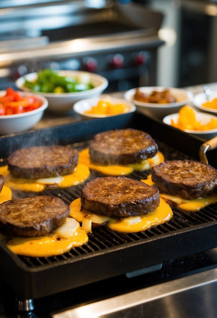 A sizzling blackstone griddle with juicy Philly Cheesesteaks cooking, surrounded by onions, peppers, and melted cheese