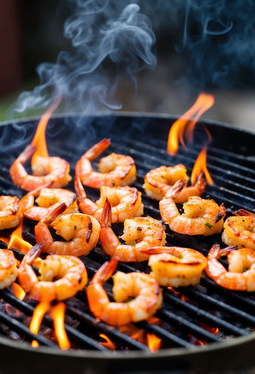 A sizzling grill with seasoned shrimp cooking over open flames. Smoke rises as the spicy Cajun aroma fills the air