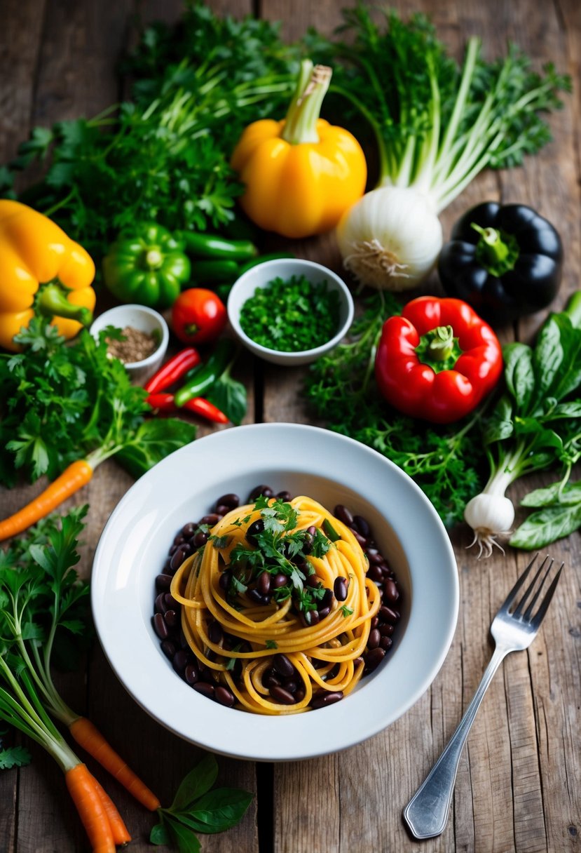 A colorful array of fresh vegetables and herbs surround a steaming bowl of black bean pasta, plated on a rustic wooden table