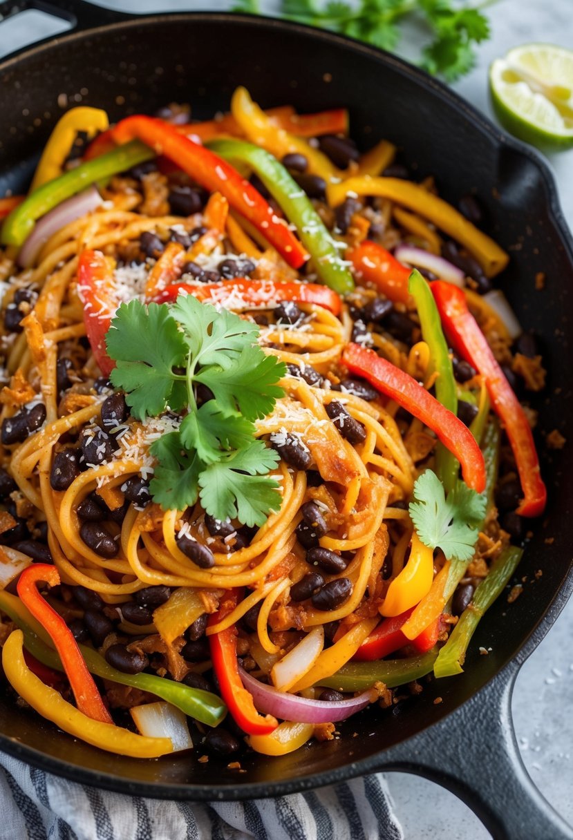 A sizzling skillet of spicy black bean fajita pasta with colorful bell peppers and onions, topped with fresh cilantro and a sprinkle of cheese