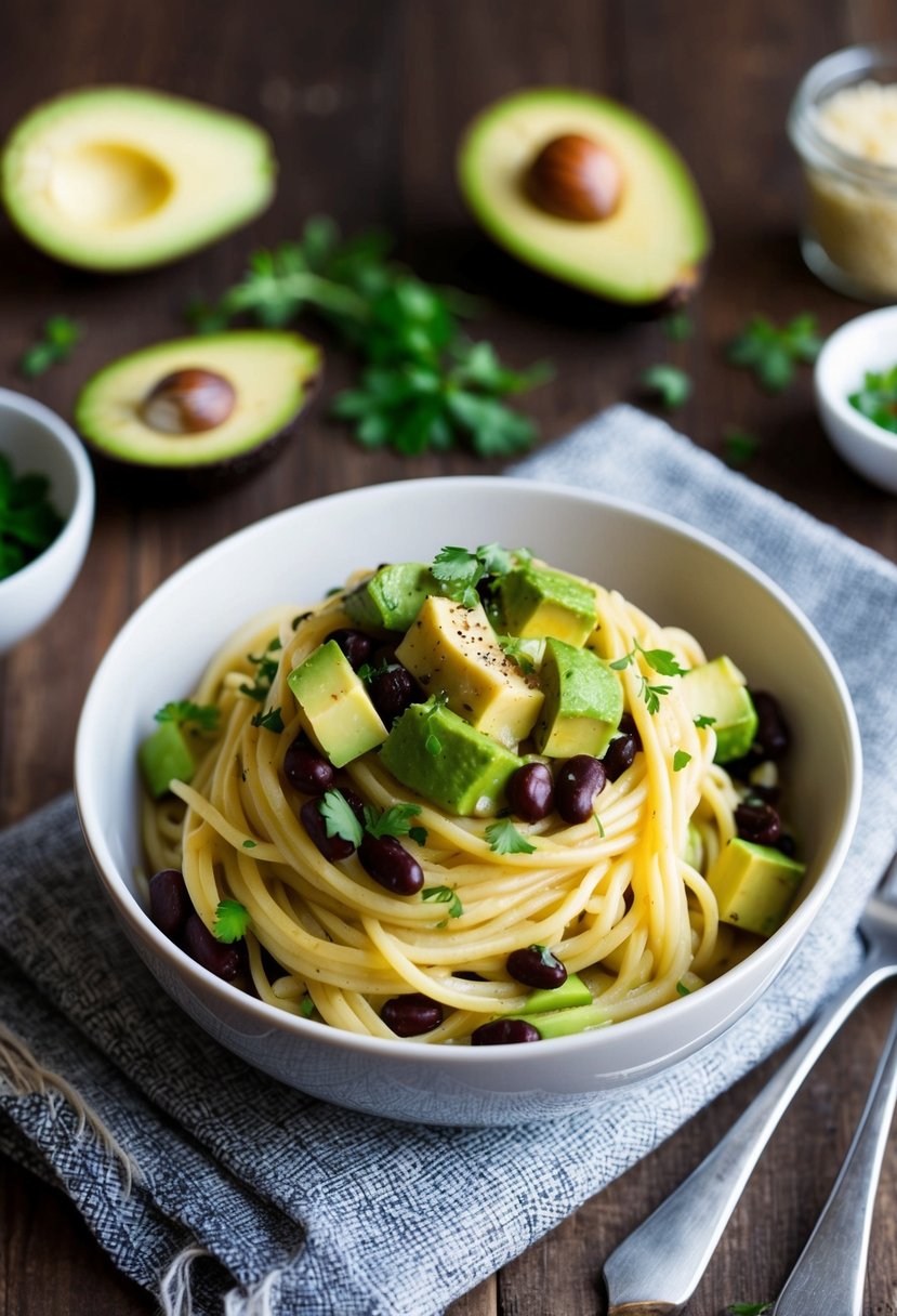 A bowl of creamy avocado black bean spaghetti with fresh ingredients and a sprinkle of herbs