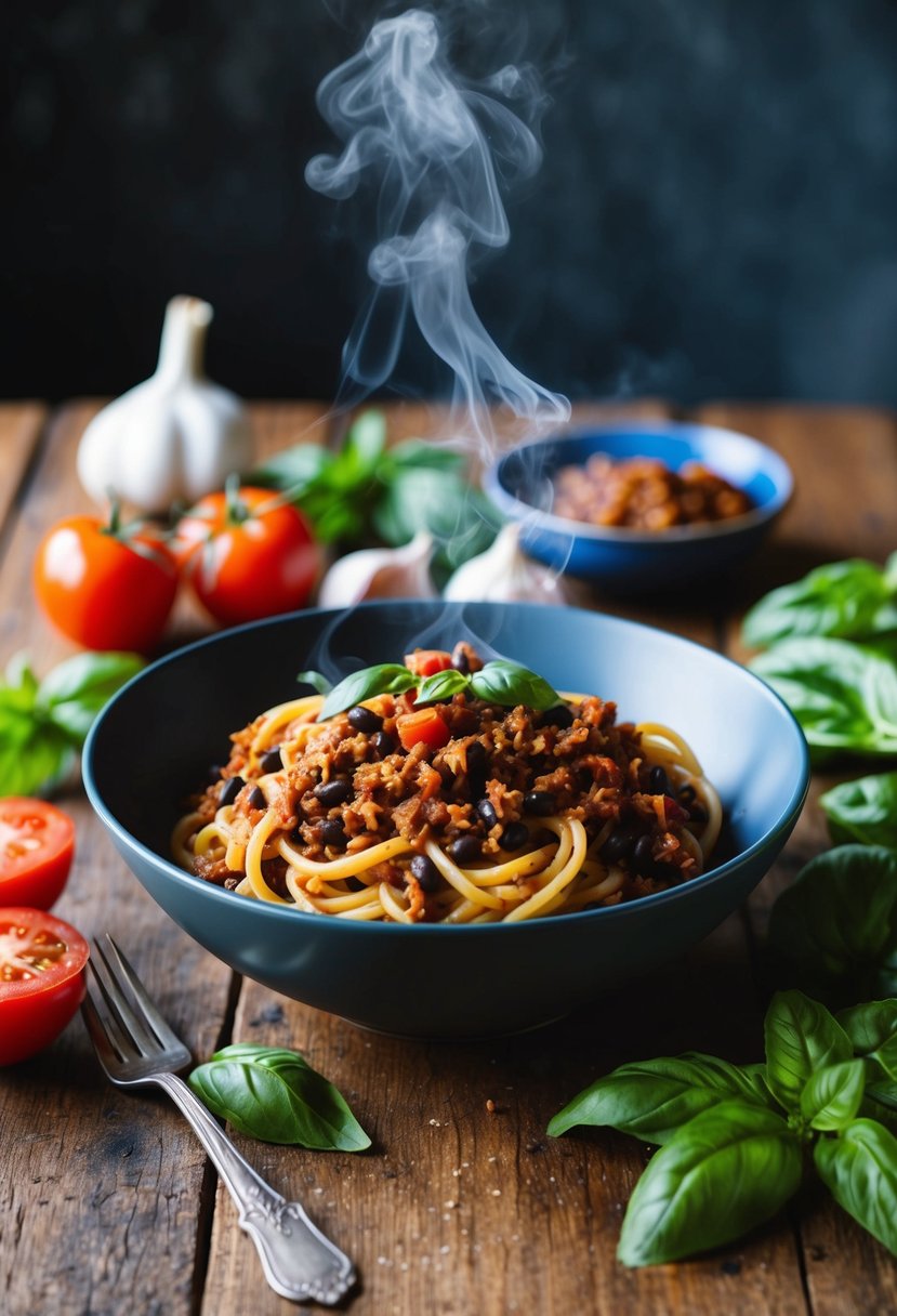 A rustic kitchen table with a steaming bowl of vegan black bean bolognese pasta, surrounded by fresh ingredients like tomatoes, garlic, and basil