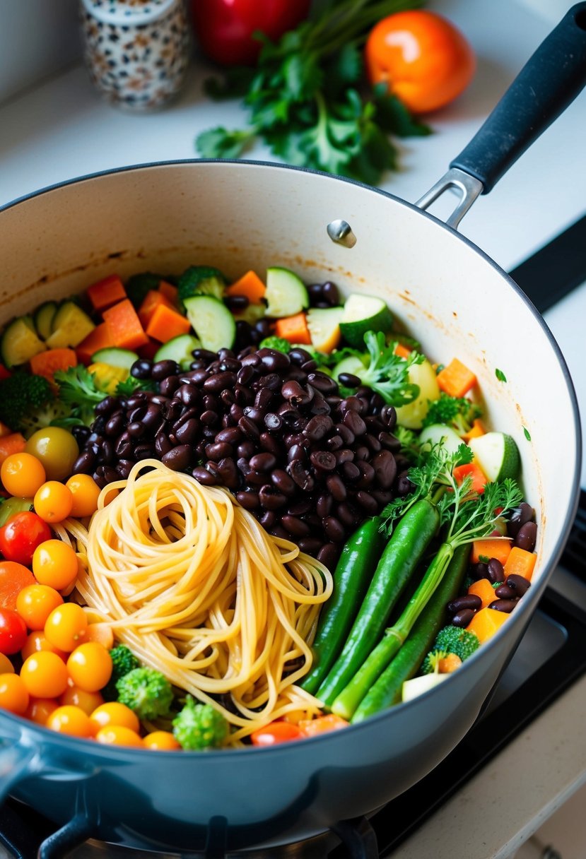 A colorful array of fresh vegetables and black bean pasta simmering in a large pot on a stove