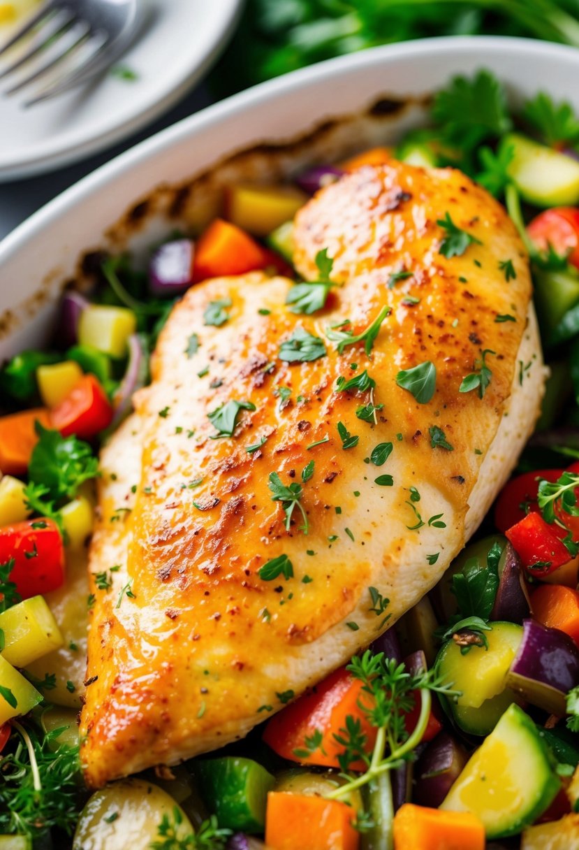 A golden-brown baked chicken breast sits on a bed of vibrant mixed vegetables, fresh herbs sprinkled on top