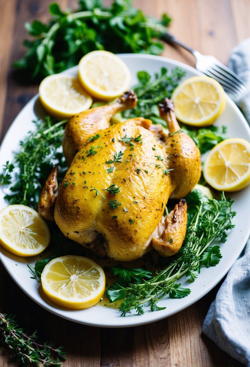 A platter of juicy lemon herb chicken surrounded by fresh herbs and slices of lemon, baked to perfection